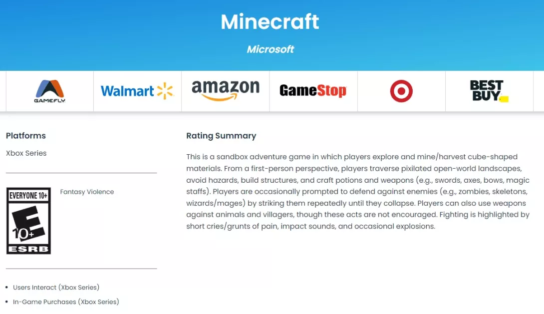 Minecraft Xbox ESRB