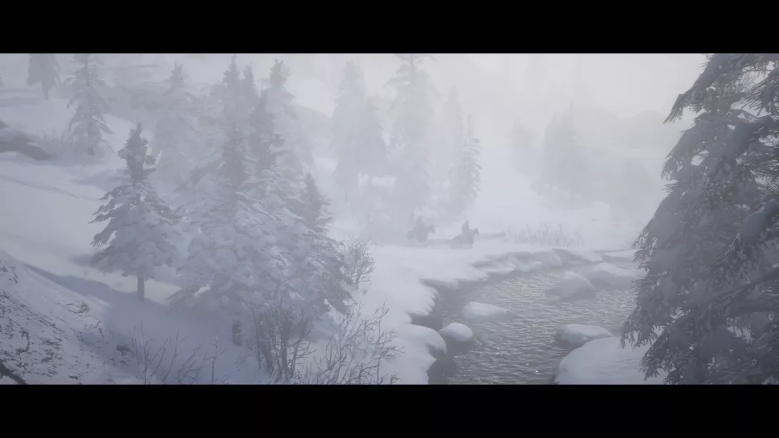 Red Dead Redemption 2 - Kaksi ratsastajaa, lumisadetta ja joenmutka