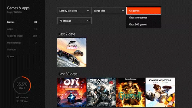 Xbox One: pelivalikoiman lajittelu -päivitys